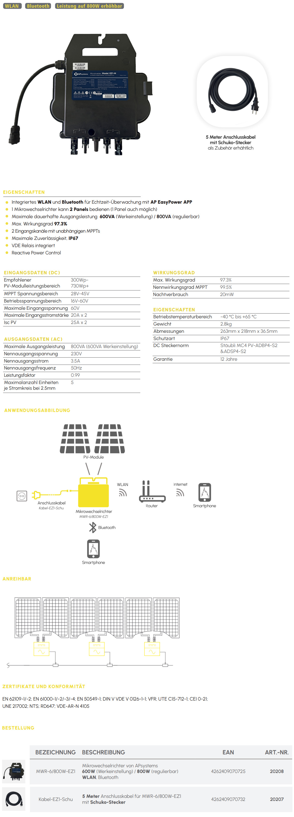 Mikro-Wechselrichter 600W/800W WLAN Bluetooth EZ1